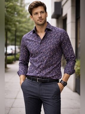 Men’s Floral Shirt Navy 16.5 Modern Fit‎ Button Up Soul of London